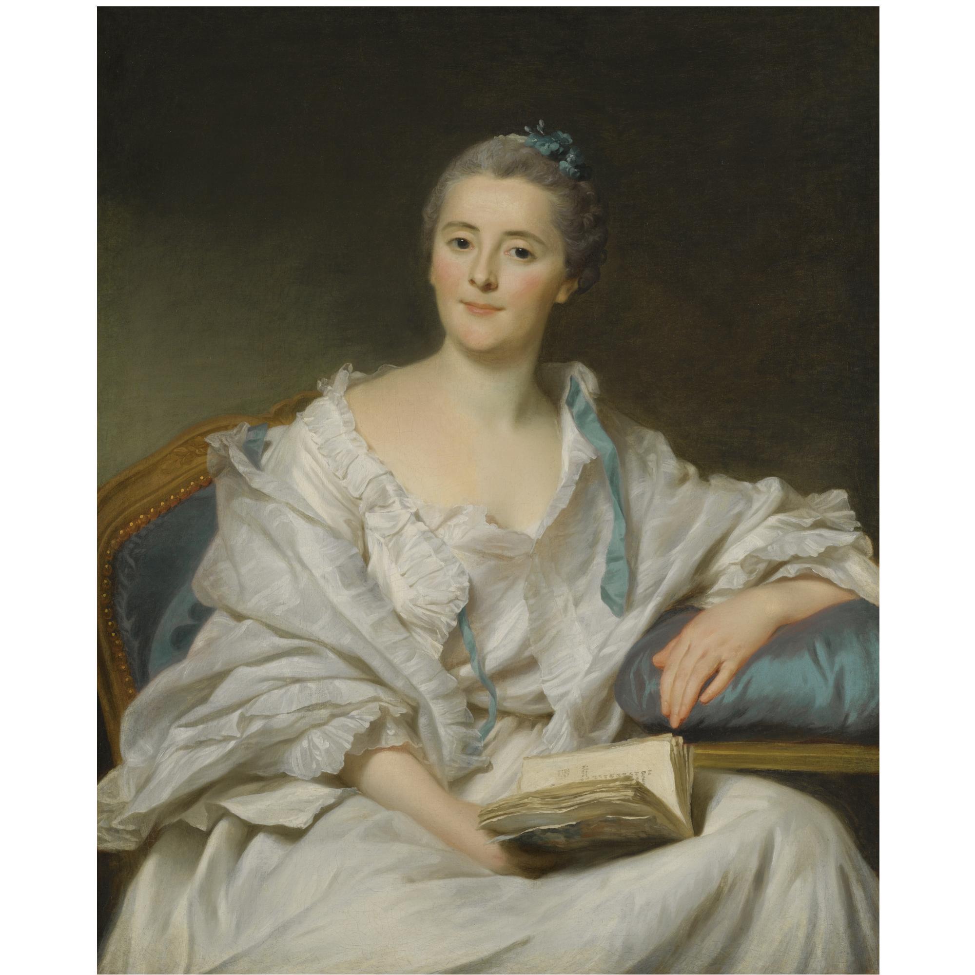 Alexander Roslin - Portrait Of Marie-Françoise Julie Constance Filleul, Marquise De Marigny, Seated, Holding An Open Book In Her Right Hand