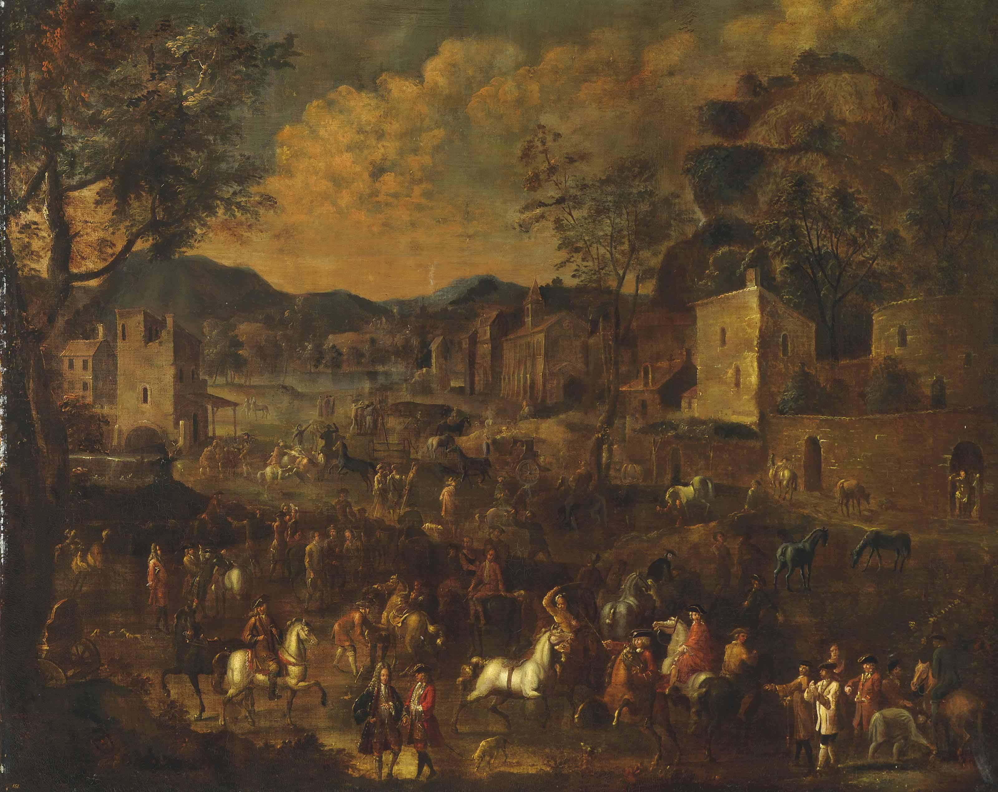 Alexander van Bredael - A horse fair in a village, a lake and mountains beyond