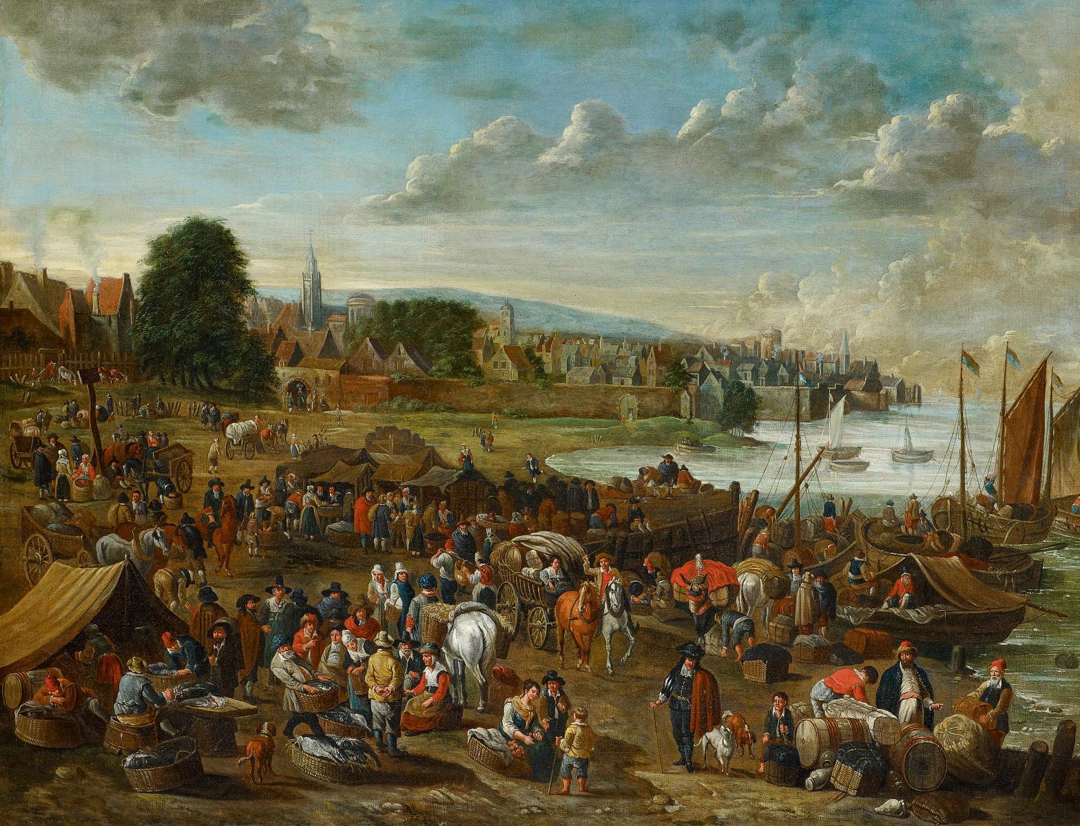 Alexander von Bredael - Vielfigurige Marktszene am Ufer einer Hafenbucht