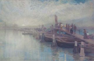 Alexander Wallace Rimington - A Moonlight Procession Over A Bridge, Venice