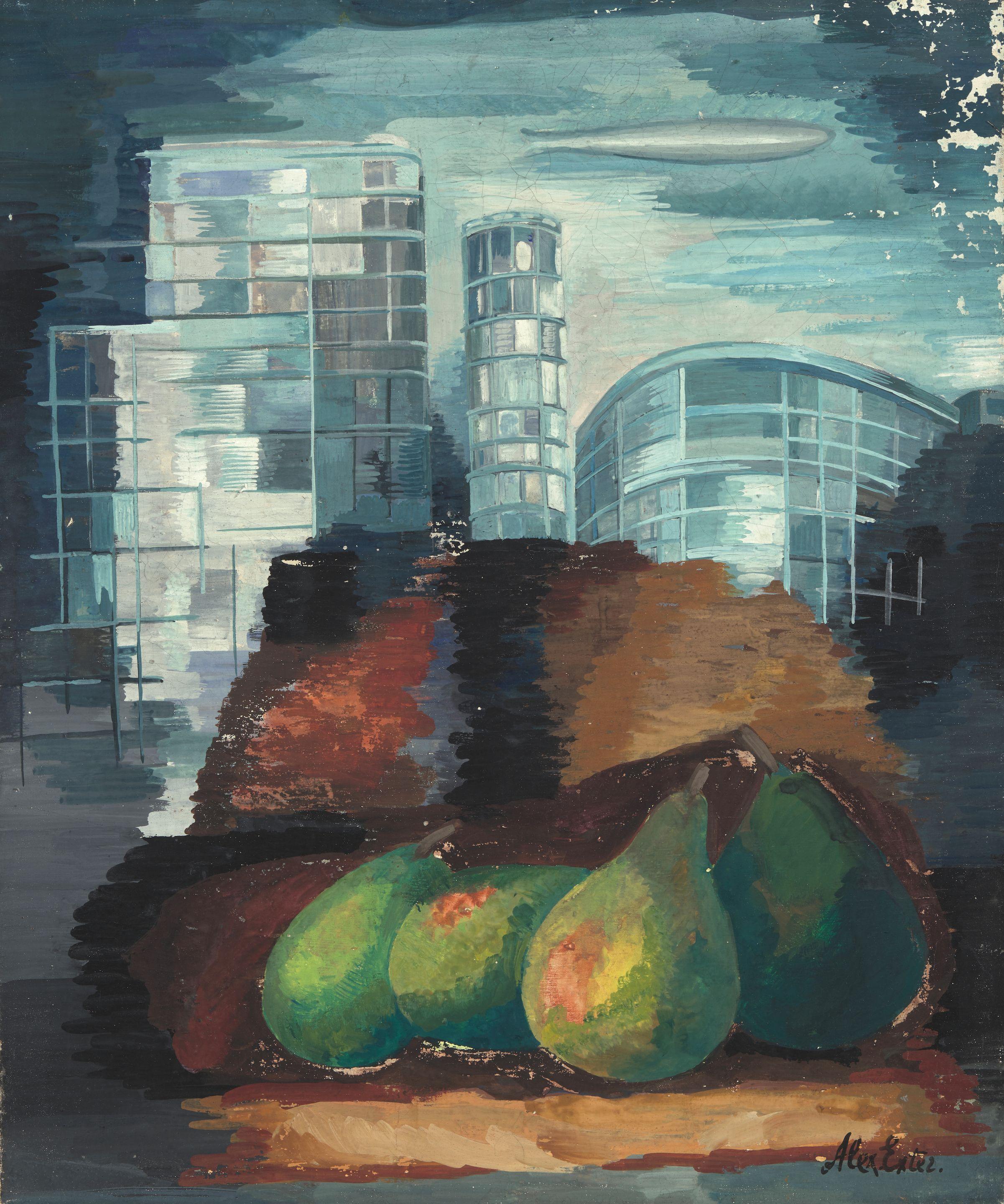 Alexandra Exter - Still life of pears with a city landscape 45.7 x 38.2cm (18 x 15 1/8in).