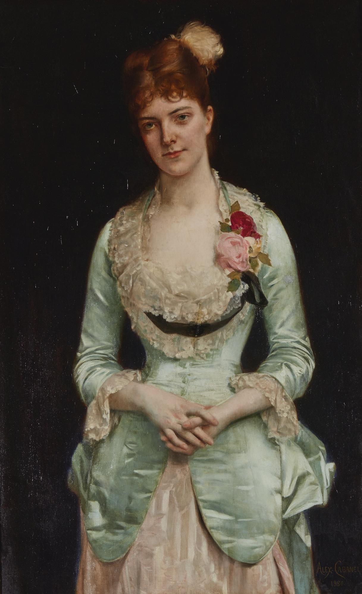 Alexandre Cabanel - Portrait Of Miss Matthews, In Green Silk Satin And Lace Gown