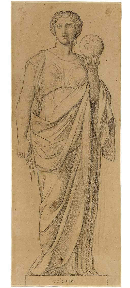Alexandre Cabanel - Quatre dessins représentant des sculptures allégoriques de L\' Histoire; la Philosophie; la Science; et la Poésie
