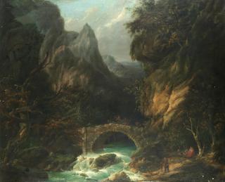 Alexandre Calame - A Mountainous River Landscape With Figures Crossing A Bridge