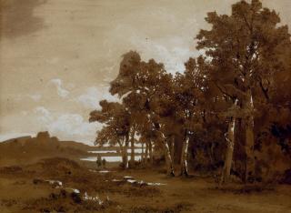 Alexandre Calame - Arbres, eau, cavaliers, 1841