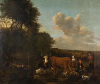 Alexandre Calame - Bergfestung mit Brücke und Staffagefiguren.