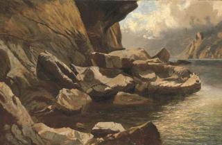 Alexandre Calame - Falaises et rochers au bord du lac des Quatres-Cantons, 1857-1861, Oelstudie