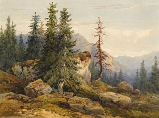 Alexandre Calame - Gebirgslandschaft mit Tannen zwischen Felsen und Geröll. 1847.