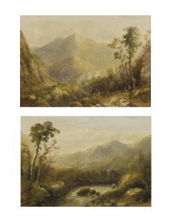Alexandre Calame - Los von zwei Werken: Vorgebirgslandschaft mit kleiner Figurenstaffage an schäumendem Bach  Gebirgslandschaft, im Vordergrund rechts Figurenstaffage bei Baumgruppe