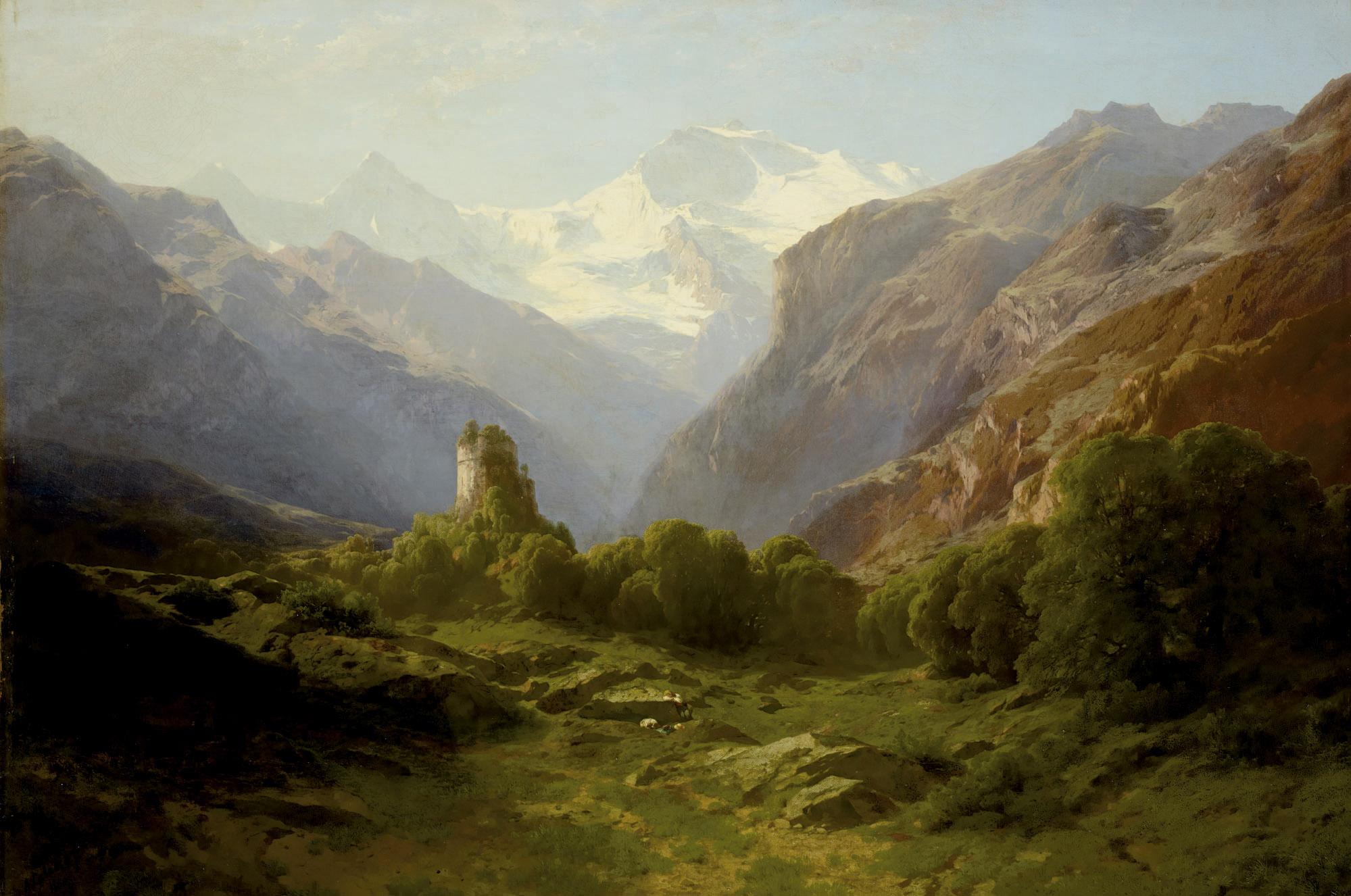 Alexandre Calame - Ruine Unspunnen vor dem Blick auf Eiger, Mönch und Jungfrau, 1860