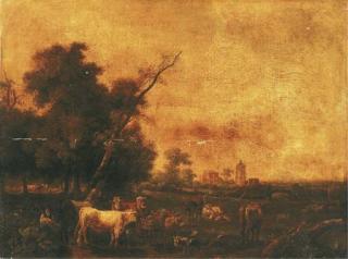 Alexandre De Saint-Martin - An Italianate landscape with peasants and their herds in a landscape, a town beyond