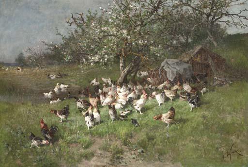 Alexandre Defaux - Printemps, poules sous le pommier en fleurs