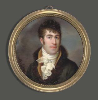 Alexandre Delatour - A Young Gentleman, In Fur-Bordered Green Coat, Beige-Coloured Waistcoat, Frilled Cravat And Knotted Stock, Forward-Combed Curly Dark Hair And Side-Whiskers; Stormy Sky Background