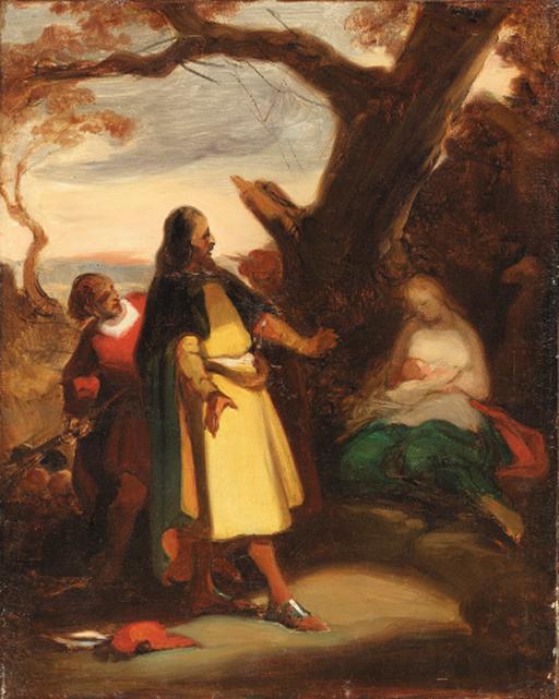 Alexandre-Evariste Fragonard - An elegant traveller discovering a woman and child in a landscape--a sketch
