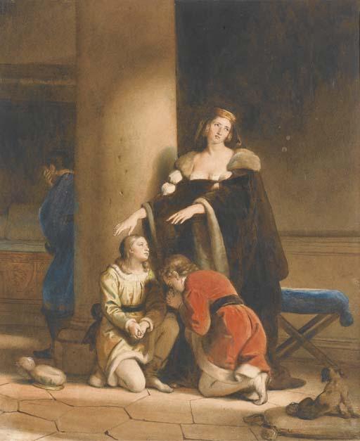 Alexandre-Evariste Fragonard - Elisabeth Woodville, la Reine d\'Angleterre, faisant ses adieux à ses fils, Edouard V et Richard, duc de York, avec un homme éploré derrière une colonne