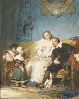 Alexandre-Evariste Fragonard - Rubens et Hélène Fourment assis avec Frans tenant une lettre et Isabelle Hélène leurs donnant un bouquet de roses