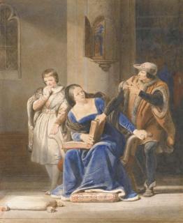 Alexandre-Evariste Fragonard - Une femme assise lisant un livre près d\'un garçon debout, un homme tenant la couverture du livre