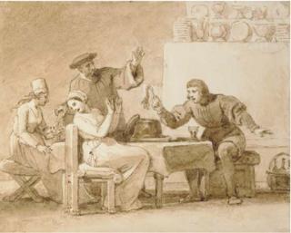 Alexandre-Evariste Fragonard - Une femme assise se cachant d\'un homme tenant une main