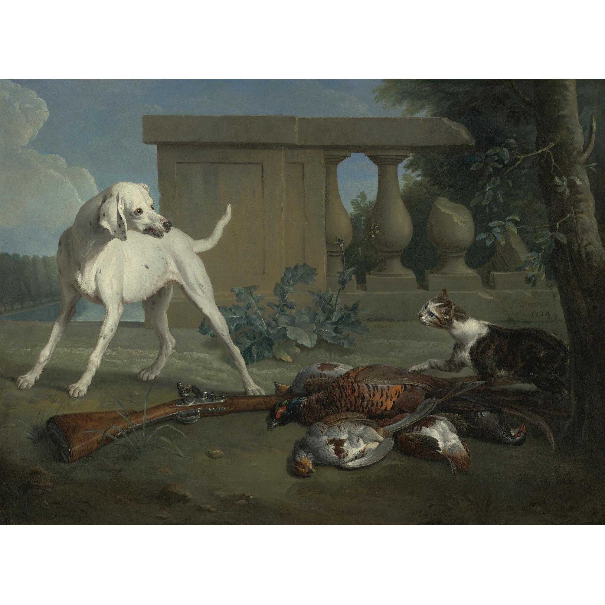 Alexandre-François Desportes - A Hound Protecting A Bag Of Game From A Cat