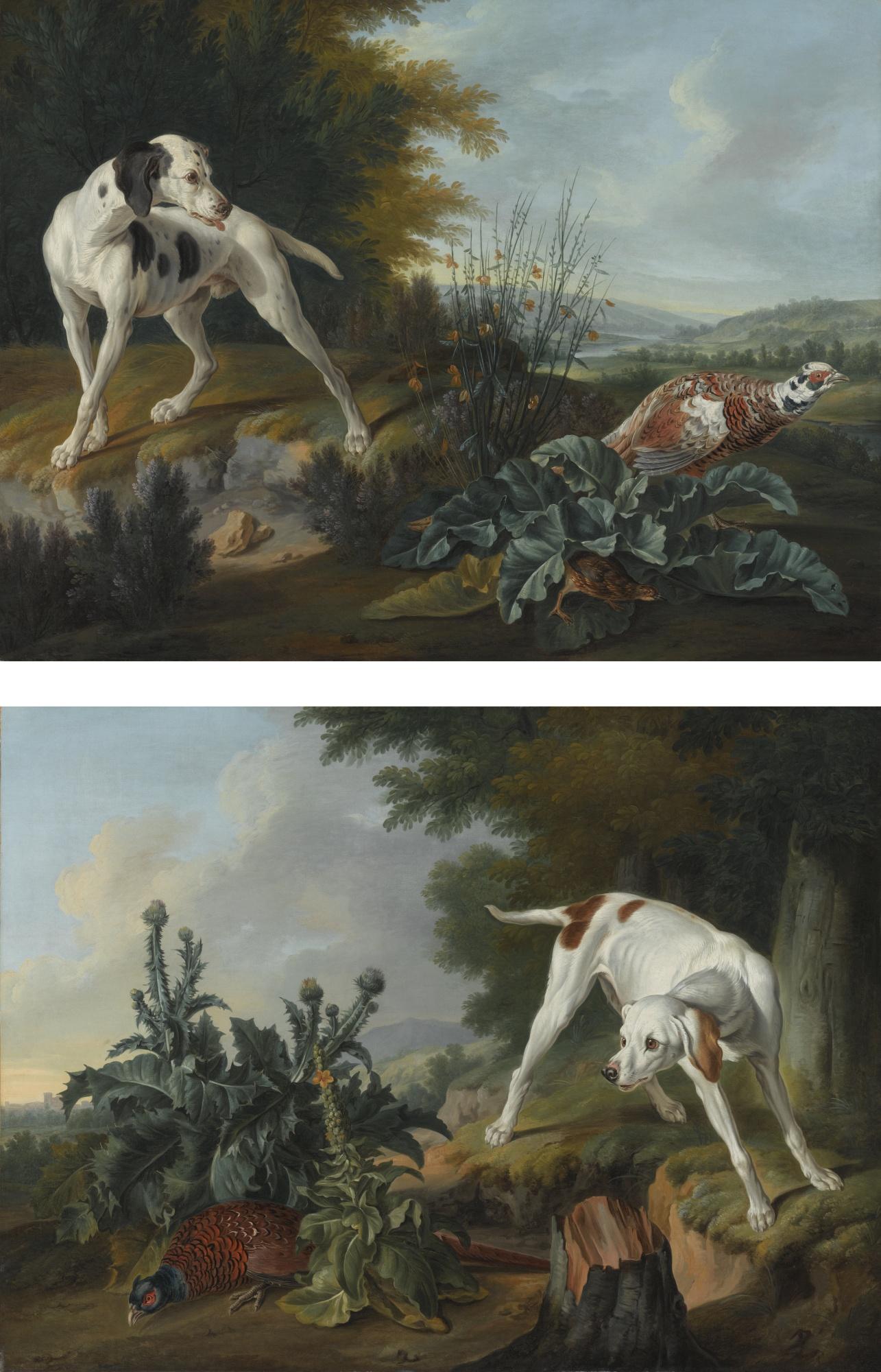 Alexandre-François Desportes - A Pointer Poised In Front Of A Pheasant And A Partridge, Set In An Extensive River Landscape; A Pointer Beside A Peasant And Foliage, Set In A Landscape