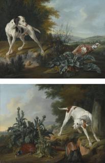 Alexandre-François Desportes - A Pointer Poised In Front Of A Pheasant And A Partridge, Set In An Extensive River Landscape; A Pointer Beside A Peasant And Foliage, Set In A Landscape