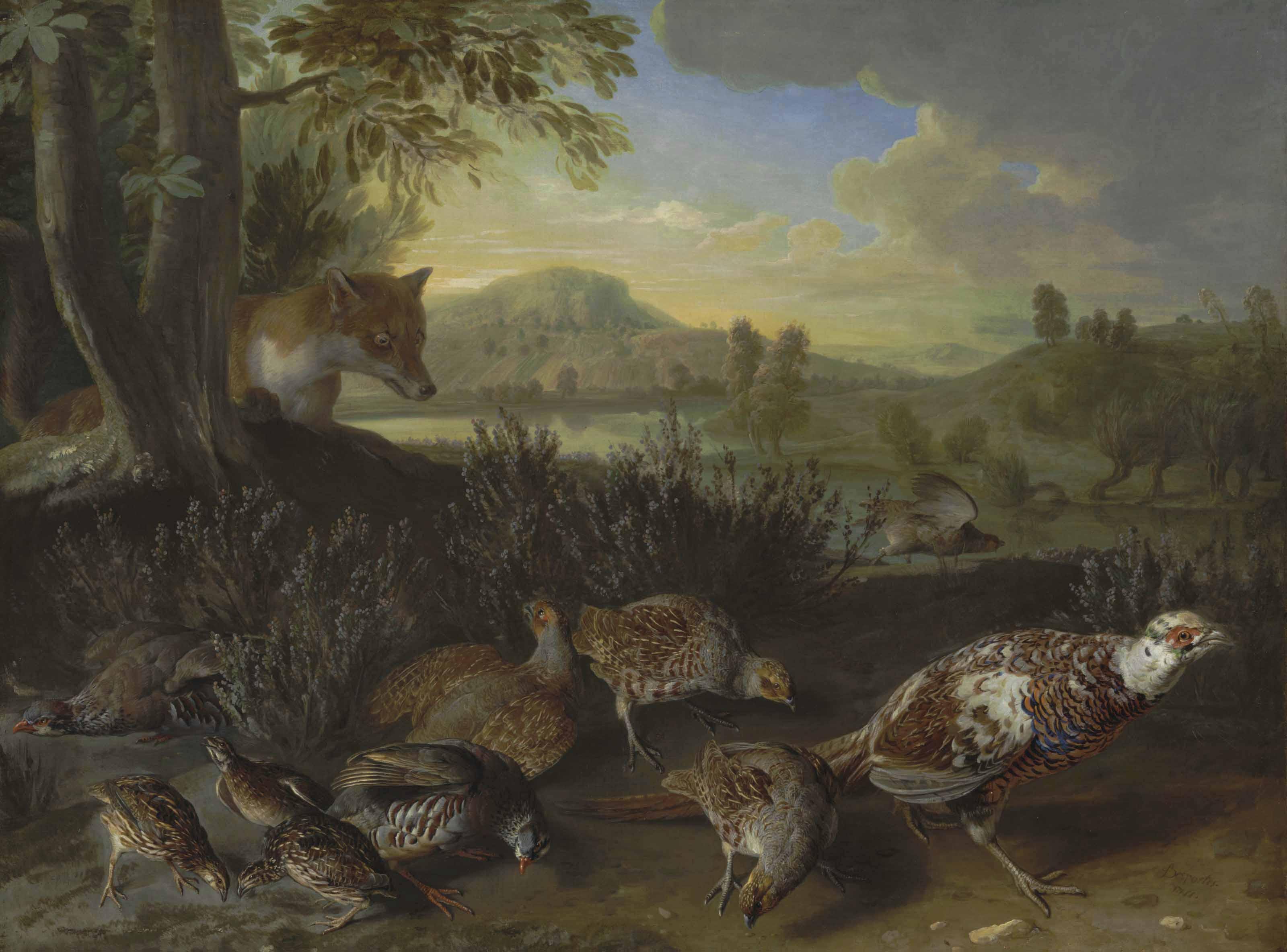 Alexandre-François Desportes - English And French Partridge, A Covey Of Quail And An Ornamental Pheasant Disturbed By A Fox, On A Riverbank