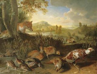 Alexandre-François Desportes - English And French Partridge, A Covey of Quail And An Ornamental Pheasant Disturbed By A Fox, On A Riverbank