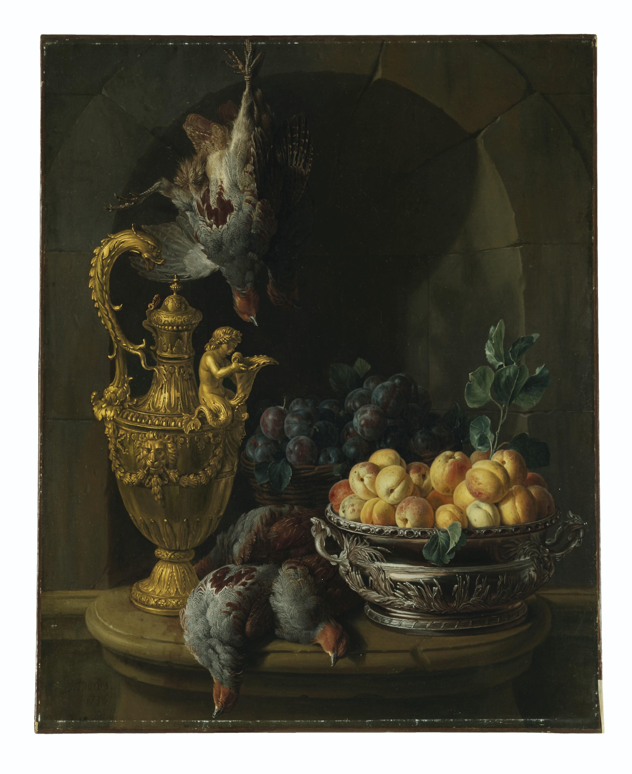 Alexandre-François Desportes - Game birds, apricots and plums, with a silver-gilt ewer and a silver tureen, on a ledge in a stone niche