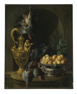 Alexandre-François Desportes - Game birds, apricots and plums, with a silver-gilt ewer and a silver tureen, on a ledge in a stone niche