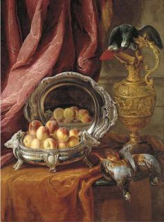 Alexandre-François Desportes - Peaches In A Silver-Footed Bowl, A Silver Platter, An African Grey Parrot Perched On A Vermeil Ewer And Game Birds On A Partly-Draped Tabletop