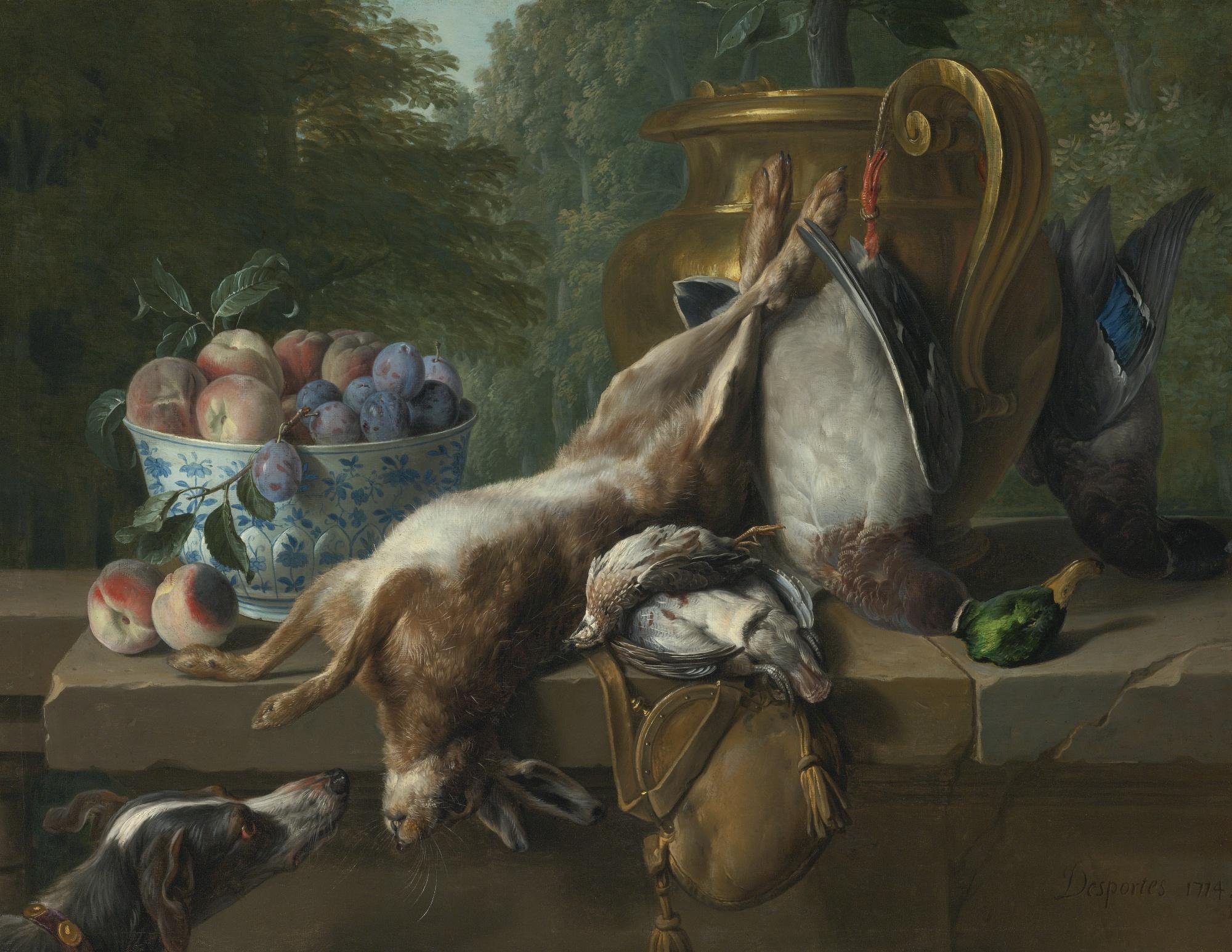 Alexandre-François Desportes - Still Life Of Game With A Bowl Of Plums And Peaches