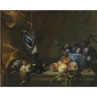 Alexandre-François Desportes - Still Life Of Plums In A Blue And White Porcelain Bowl Together With Peaches,A Partridge And A Woodcock And A Hanging Mallard, All On A Stone Ledge With A Red And Gold Brocade Hanging To The Left