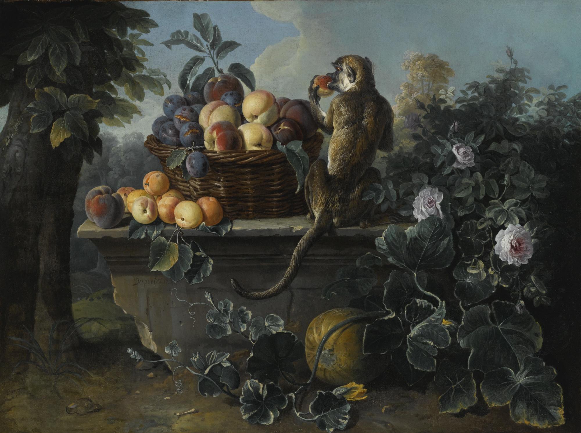 Alexandre-François Desportes - Still Life With A Monkey And A Basket Of Fruit Resting On A Ledge With A Landscape Beyond