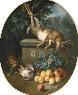 Alexandre-François Desportes - Still life with game and peaches with a cat stalking from behind a stone ledge