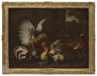 Alexandre-François Desportes - Two cocks fighting in a farmyard, a pheasant and two hens nearby