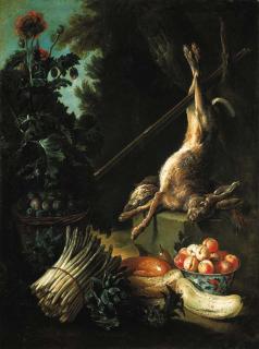 Alexandre-Franois Desportes - A hunting still life with a dead hare and game birds on a stone plinth, with a basket of plums, a bowl of peaches, asparagus, artichokes, a cucumber and a pear