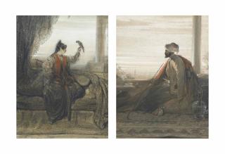 Alexandre Gabriel Decamps - An Ottoman Smoking A Hookah; And A Girl And A Parrot