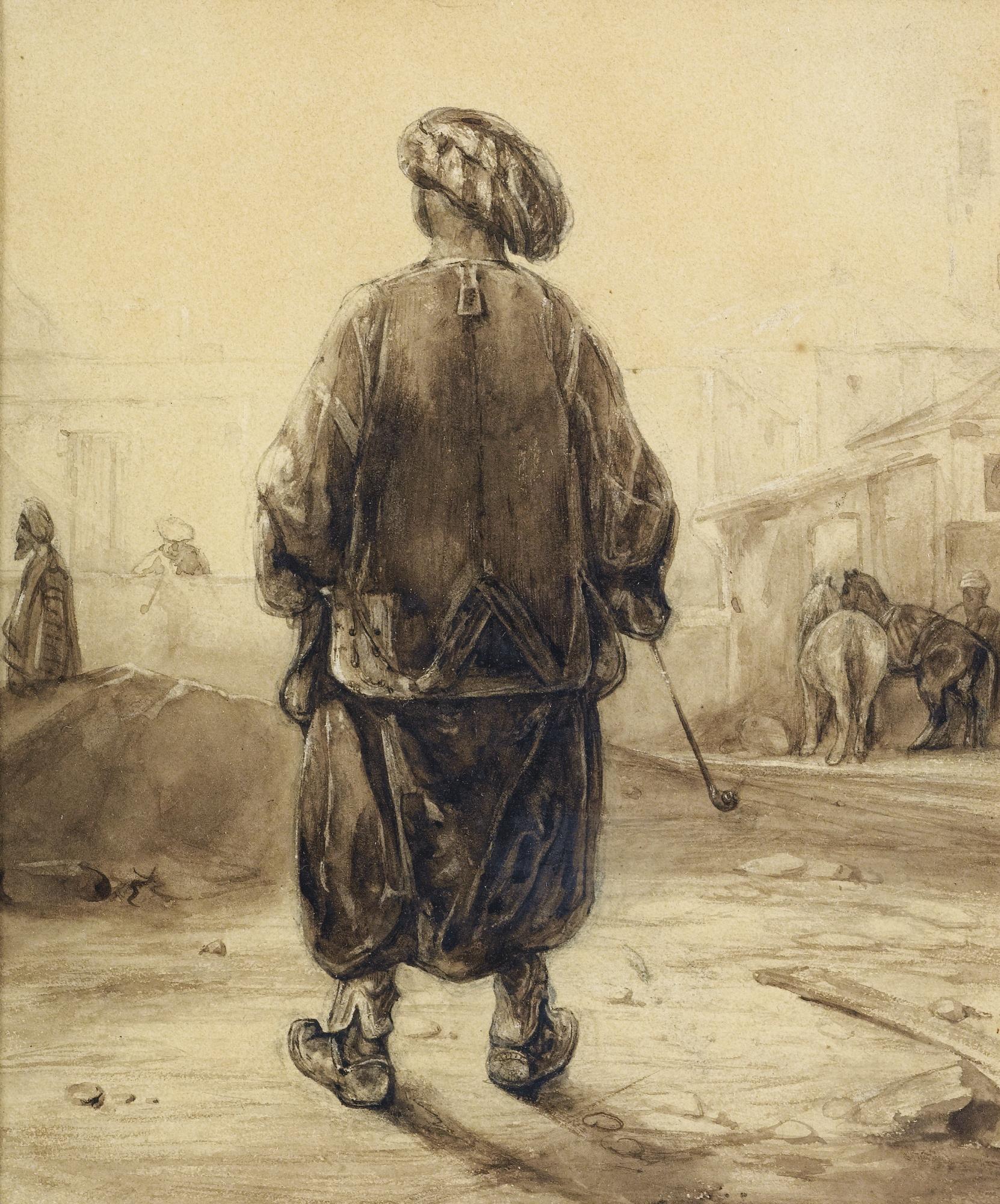 Alexandre-Gabriel Decamps - Le Fumeur De Chiboukalexandre-Gabriel Decamps ; The Chibouk Smoker ; Brown Wash On Paper