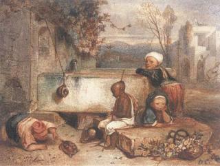 Alexandre-Gabriel Decamps - Trois enfants turcs jouant avec une tortue près d\'une fontaine