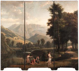 Alexandre Hyacinthe Dunouy - An Arcadian landscape with maidens gathering flowers by a river bank, a hilltop castle beyond