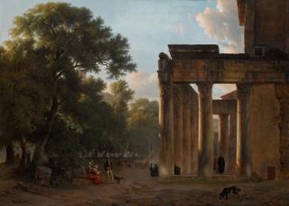 Alexandre Hyacinthe Dunouy - Figures Resting And Conversing In The Roman Forum Near The Temple Of Antoninus And Faustina