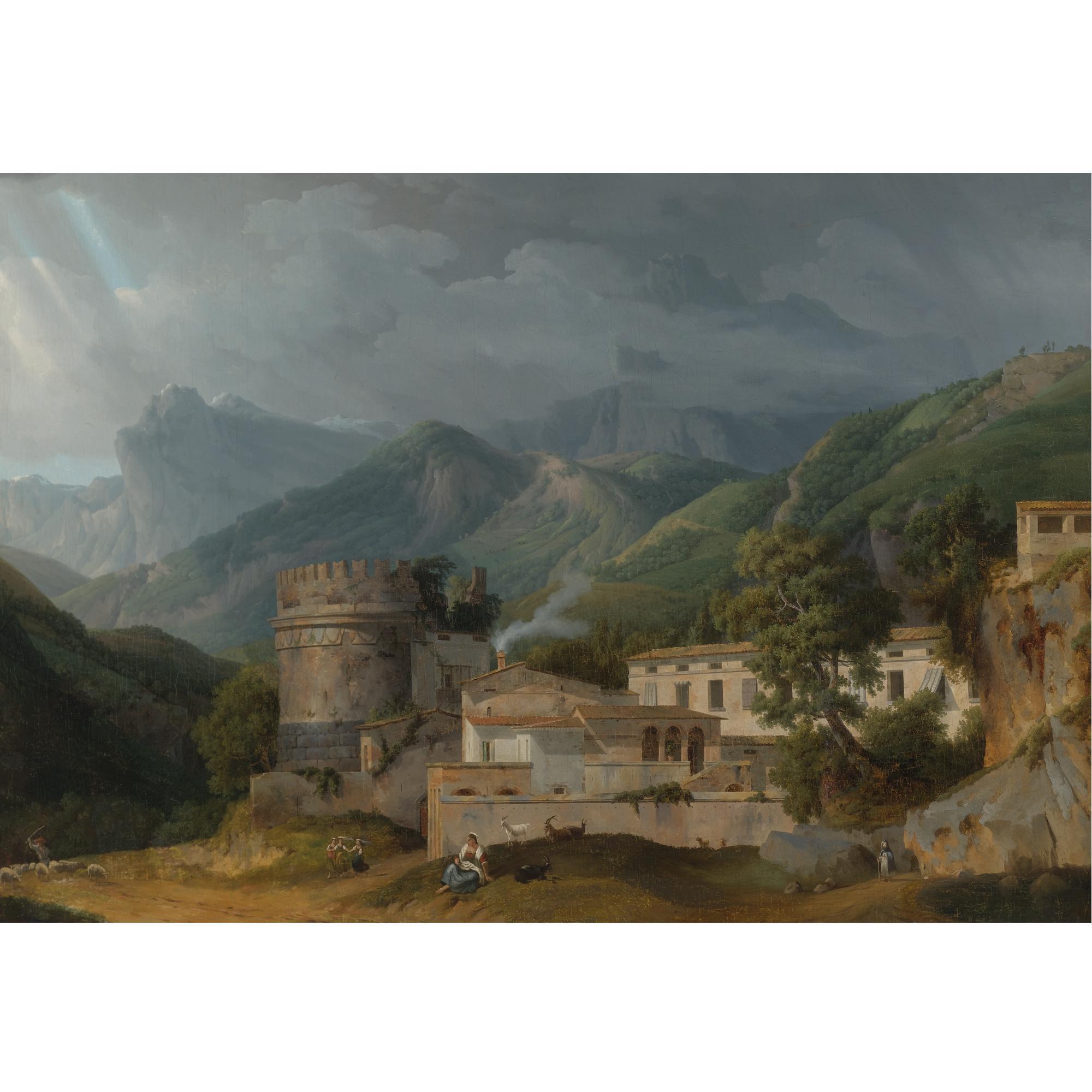 Alexandre-Hyacinthe Dunouy - Italian Landscape With A Village At The A Foot Of Mountain Range