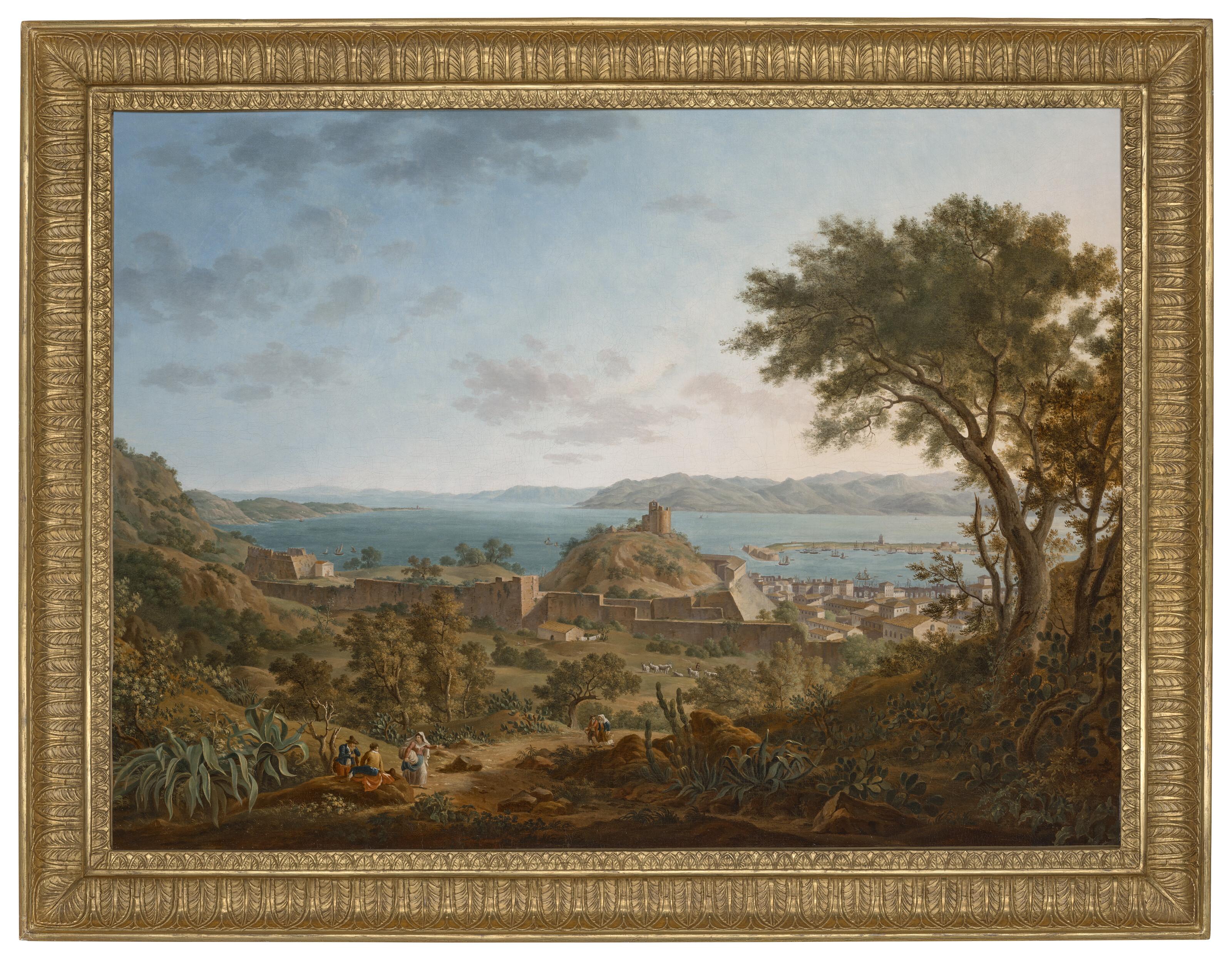 Alexandre-Hyacinthe Dunouy - The Strait of Messina, Sicily from the west, with a view of the fortifications and port