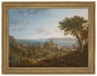 Alexandre-Hyacinthe Dunouy - The Strait of Messina, Sicily from the west, with a view of the fortifications and port