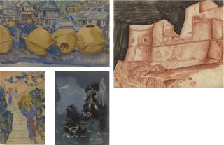 Alexandre Iacovleff - The house at Port-Cros; A Japanese woman on a staircase; Rice pots; A garden at dusk