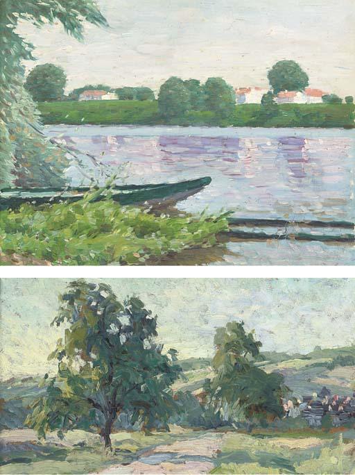 Alexandre Jacob - A Punt Moored On The River; And The Track To The Village