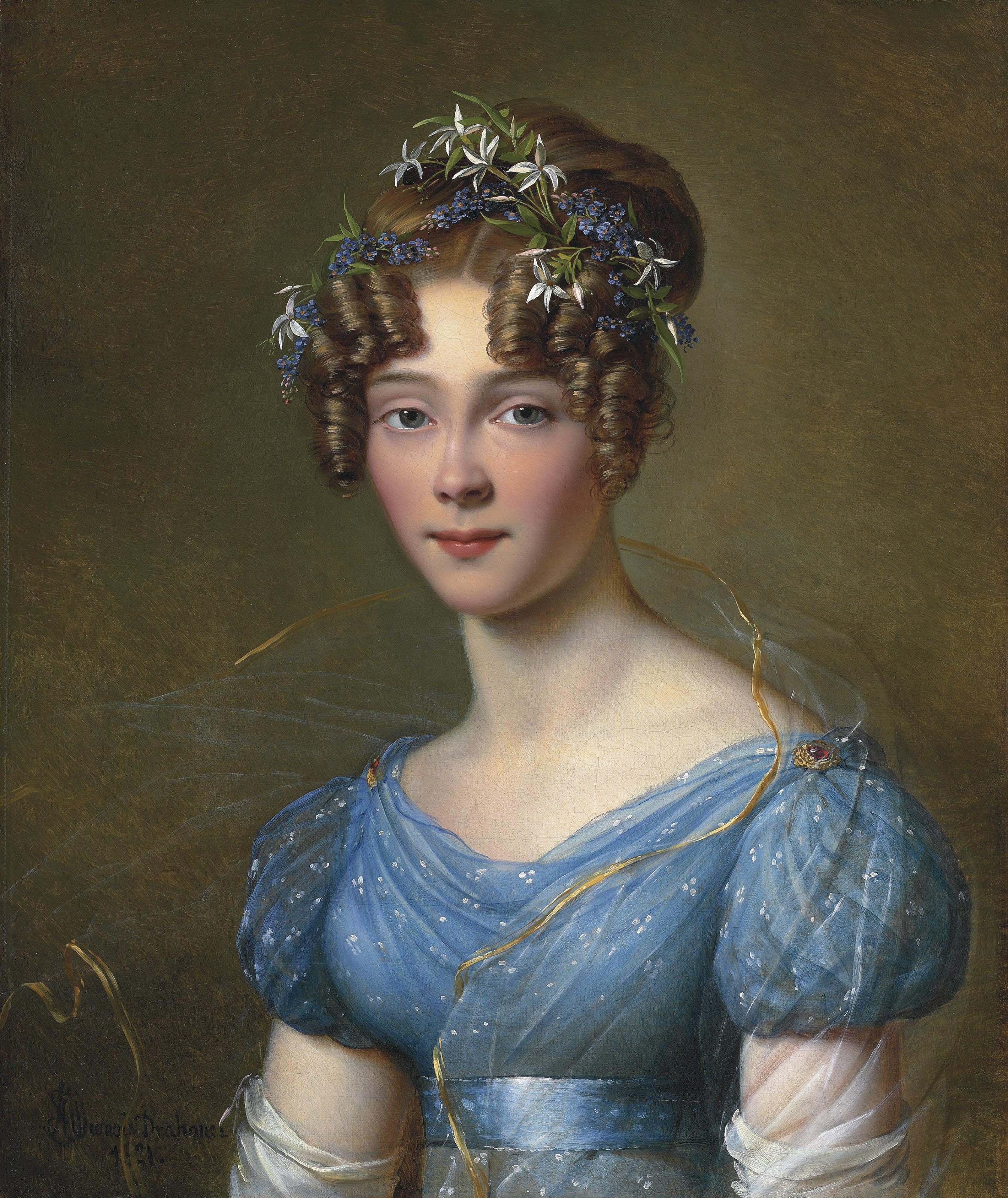 Alexandre-Jean Dubois-Drahonet - Portrait of Amélie du Bois (1803-1891), wife of Lt.-Gen. Emile Joseph Frison, aide to King Leopold II, bust-length, in a blue muslin dress, with flowers in her hair