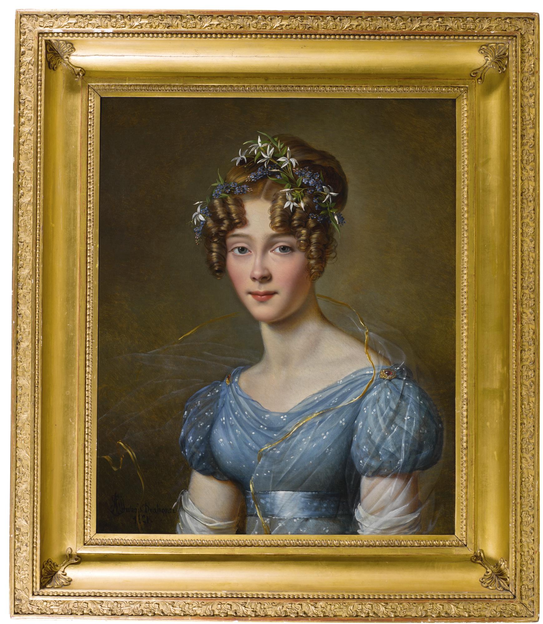 Alexandre-Jean Dubois-Drahonet - Portrait Of Amélie Du Bois (1803–91), Wife Of Lt.-Gen. Emile Joseph Frison, Aide To King Leopold Ii, In A Blue Muslin Dress, With Flowers In Her Hair