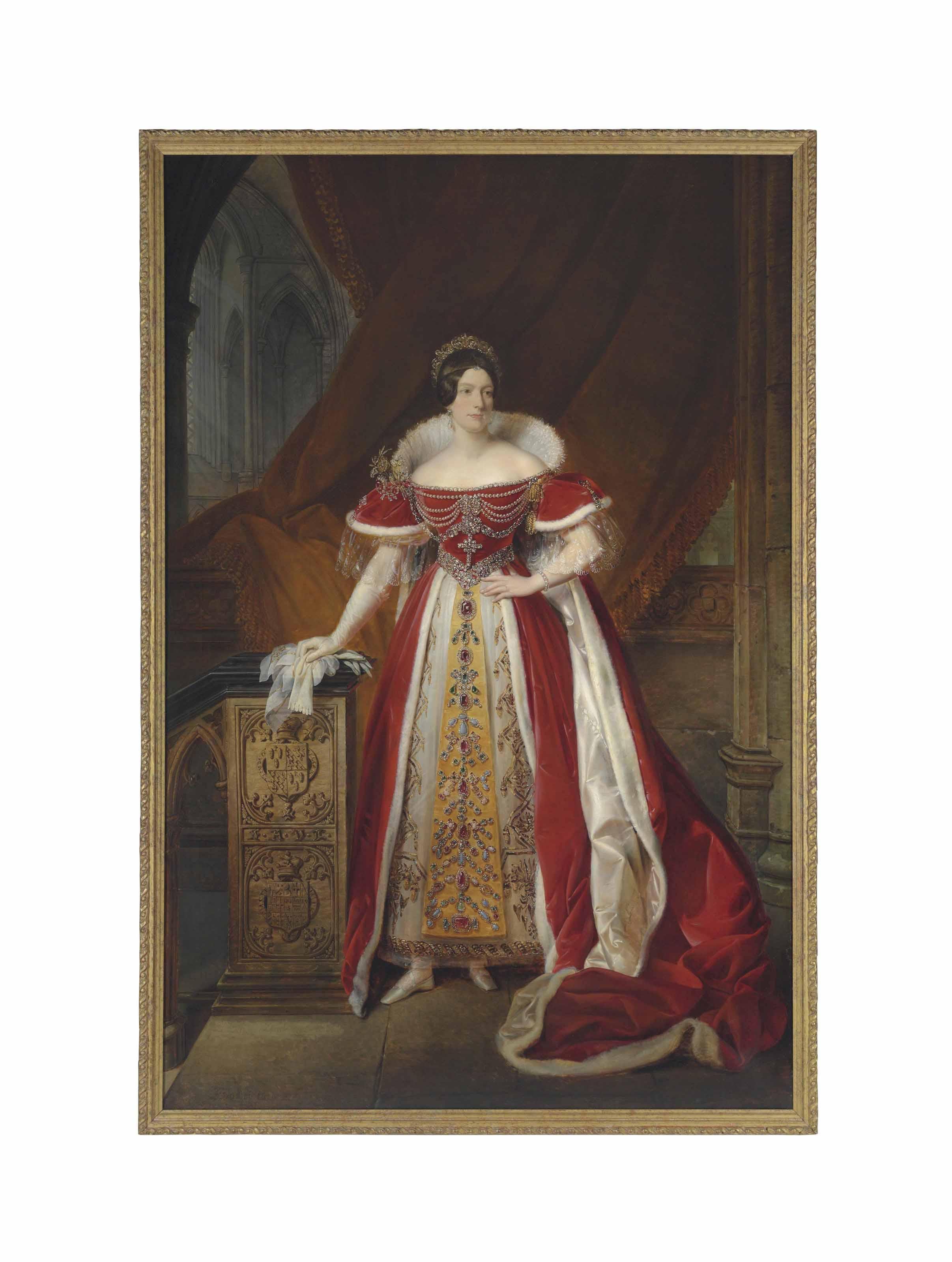 Alexandre-Jean Dubois-Drahonet - Portrait of Frances Anne Vane, Marchioness of Londonderry (1800-1865), full-length, in peeress\'s robes decorated with jewels and a tiara, inside Westminster Abbey