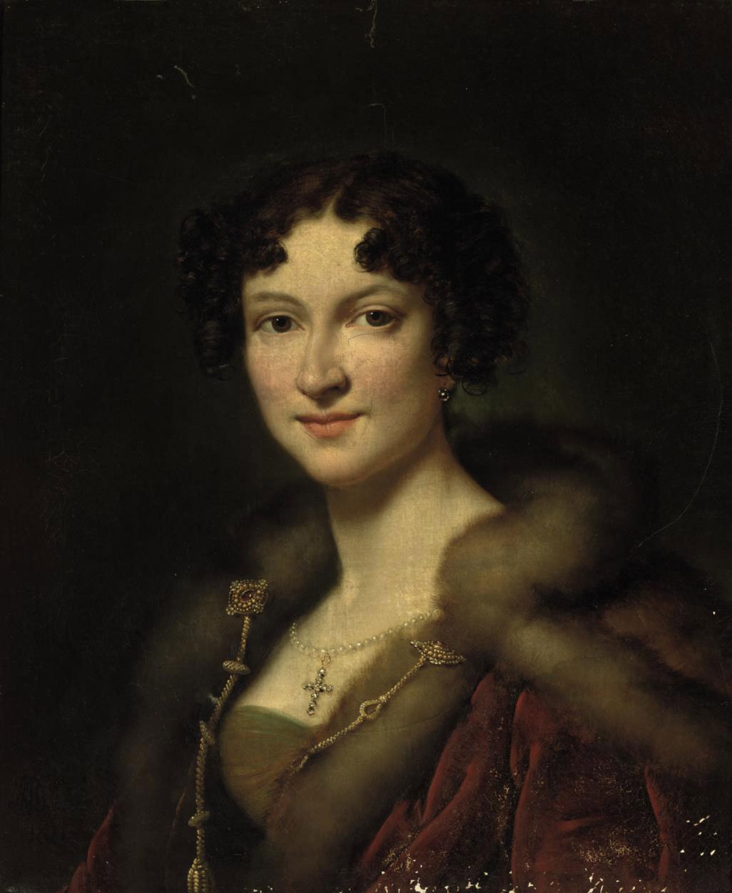 Alexandre-Jean-Dubois Drahonet - Portrait of Henriette Louise Peterson (1796-1845), wife of Auguste, Baron du Bois de Ferrières, bust-length, in a fur-trimmed red mantle and jewels